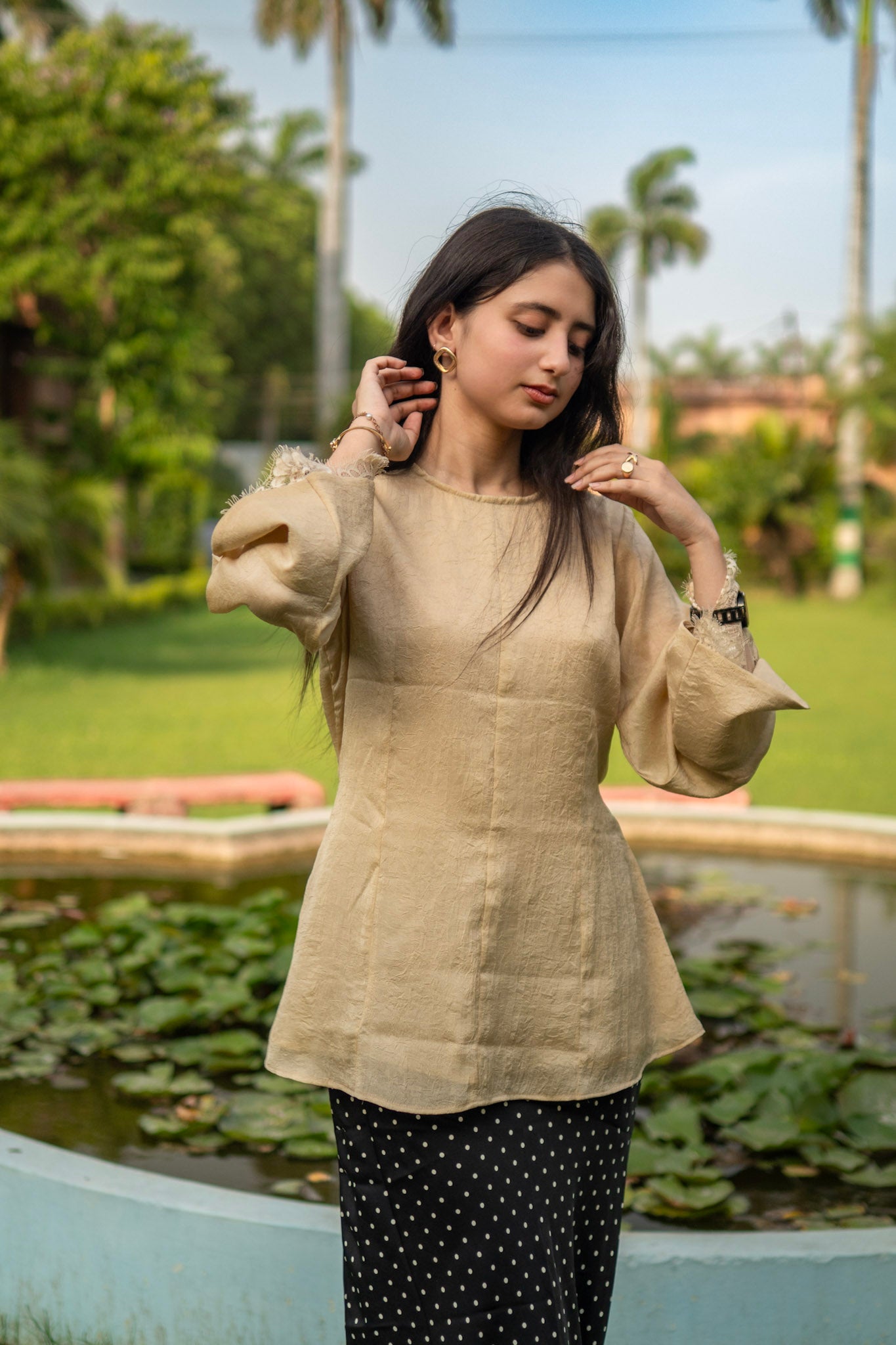 Beige Celine Peplum Lace Top - Adjustable Drawstring