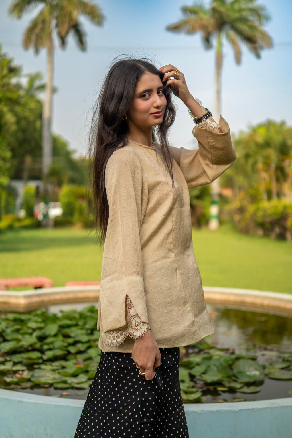 Beige Celine Peplum Lace Top - Adjustable Drawstring