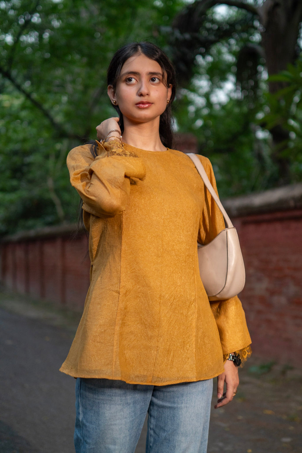 Mustard Yellow Celine Peplum Lace Top