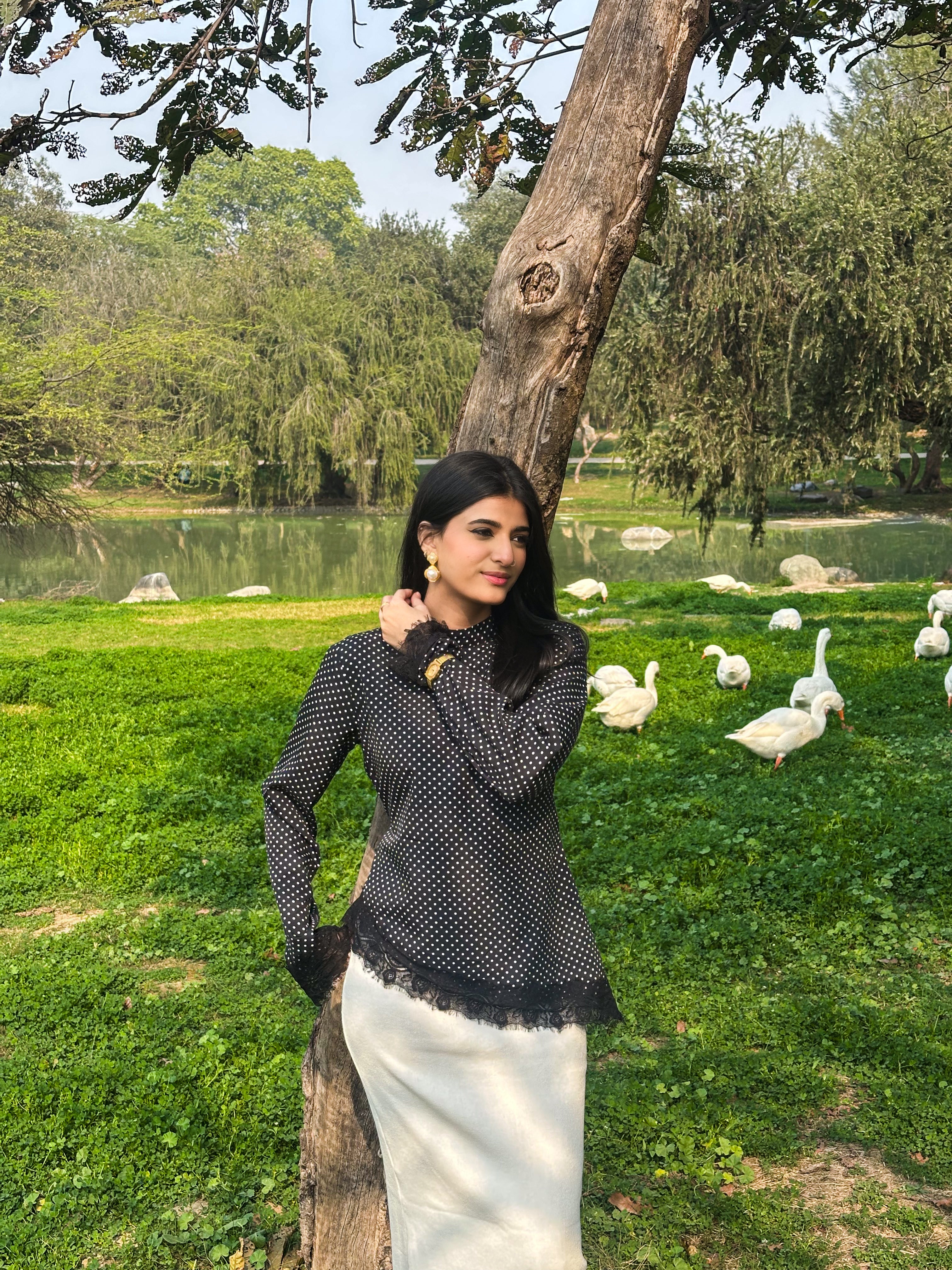 Leena Tunic Lace Top - Polka Asymmetric - Adjustable Drawstring