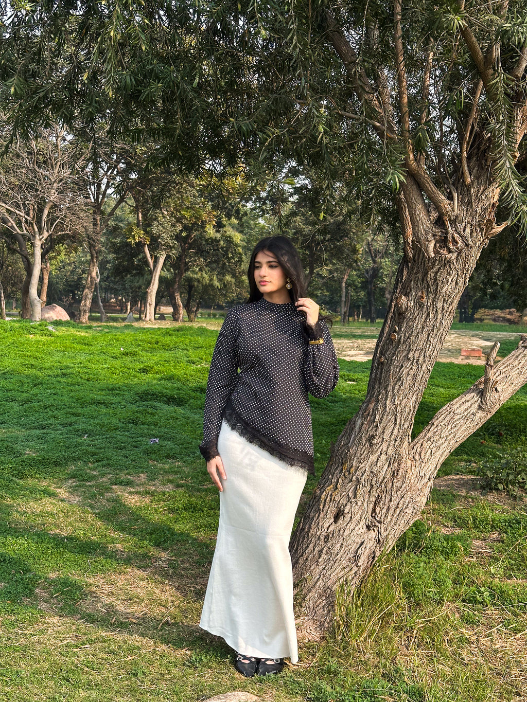 Leena Tunic Lace Top - Polka Asymmetric - Adjustable Drawstring