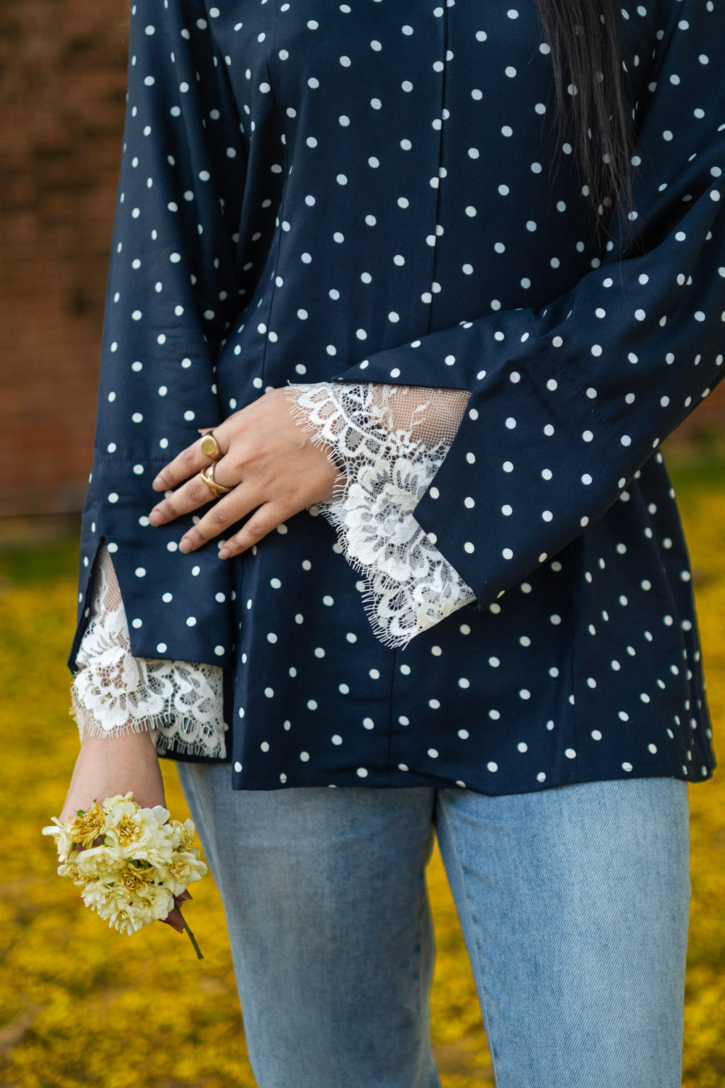 Blue Polka Dot Celine Peplum Lace Top - Adjustable Drawstring