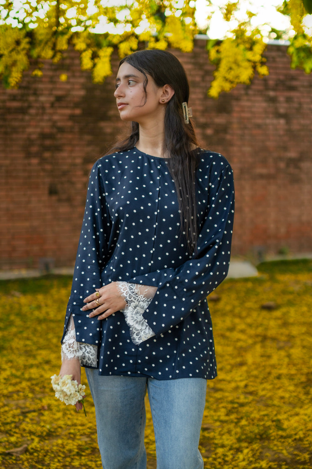 Blue Polka Dot Celine Peplum Lace Top - Adjustable Drawstring