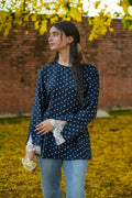 Blue Polka Dot Celine Peplum Lace Top - Adjustable Drawstring