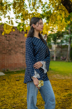 Blue Polka Dot Celine Peplum Lace Top - Adjustable Drawstring