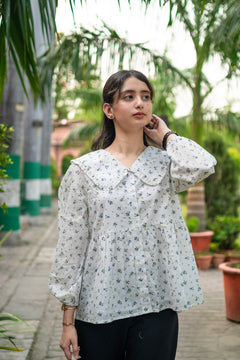 White Floral Vintage Oversized Collar Blouse - LIMITED EDITION