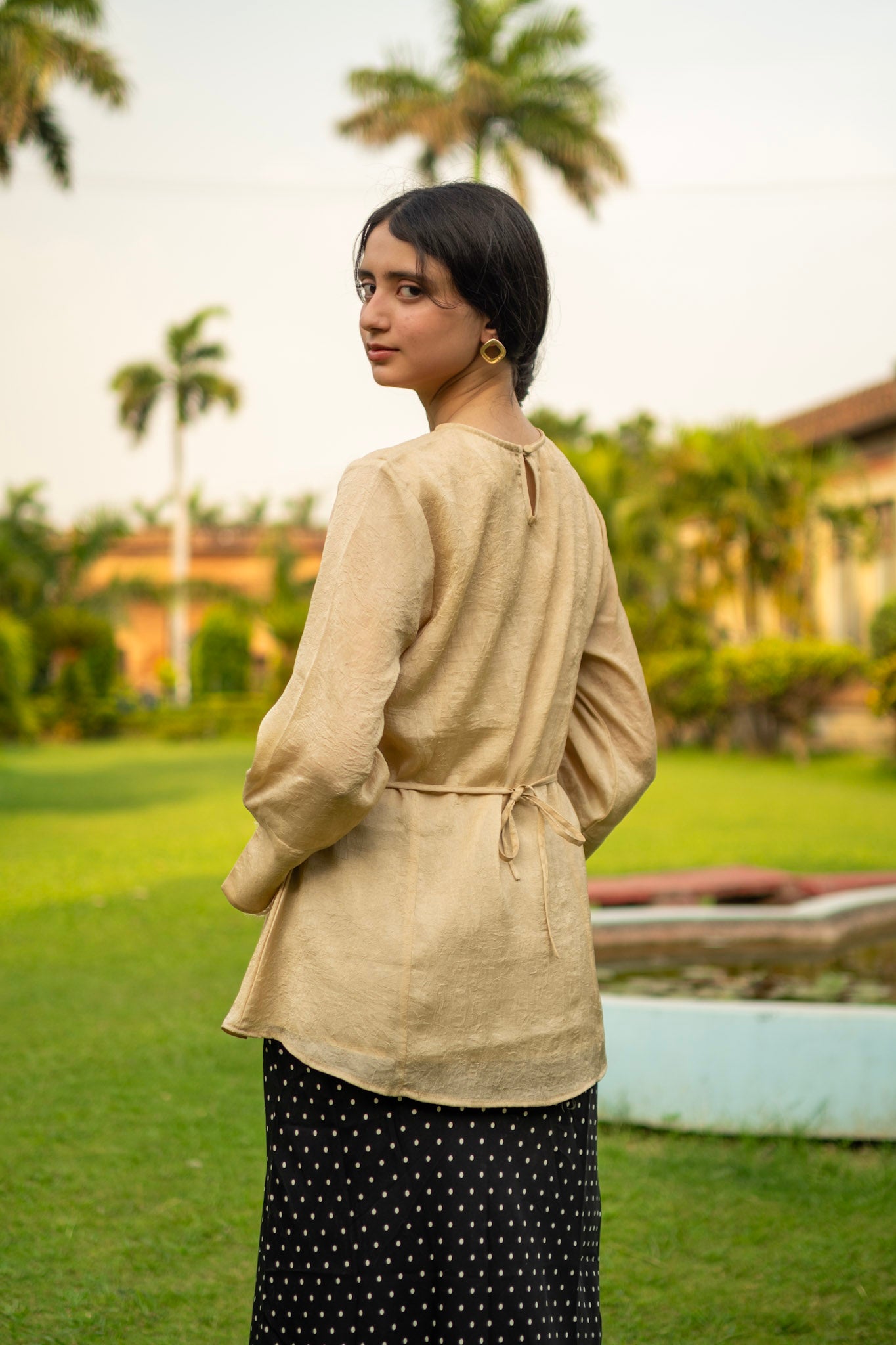 Beige Celine Peplum Lace Top - Adjustable Drawstring