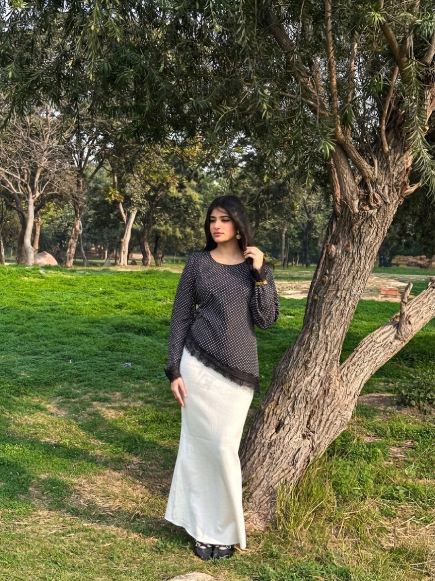 Leena Tunic Lace Top - Polka Asymmetric - Adjustable Drawstring