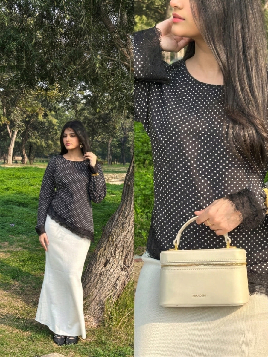 Leena Tunic Lace Top - Polka Asymmetric - Adjustable Drawstring
