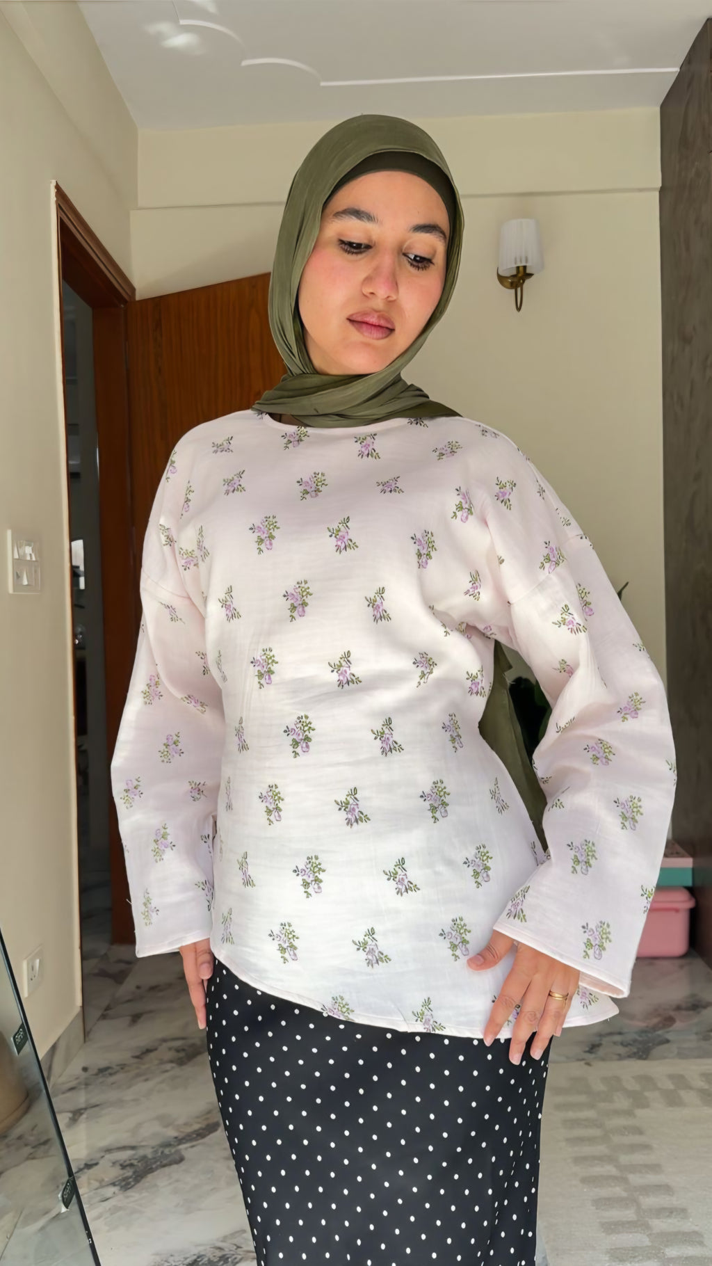 Marshmallow - Printed Tunic Asymmetric Top - Adjustable Drawstring