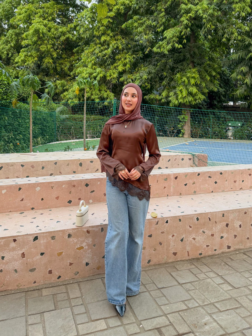 Brown Satin Asymmetric Lace Top - Adjustable Drawstring