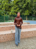 Brown Satin Asymmetric Lace Top - Adjustable Drawstring