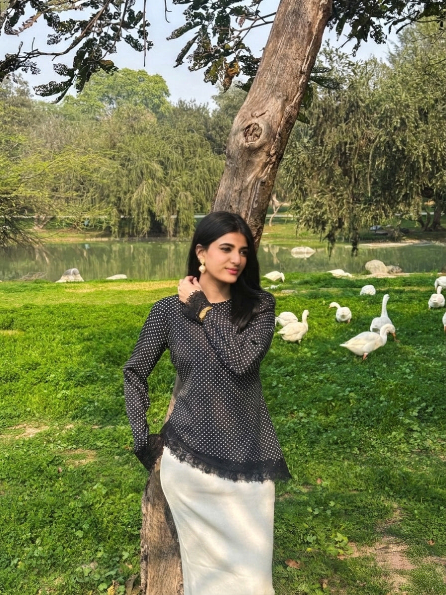 Leena Tunic Lace Top - Polka Asymmetric - Adjustable Drawstring