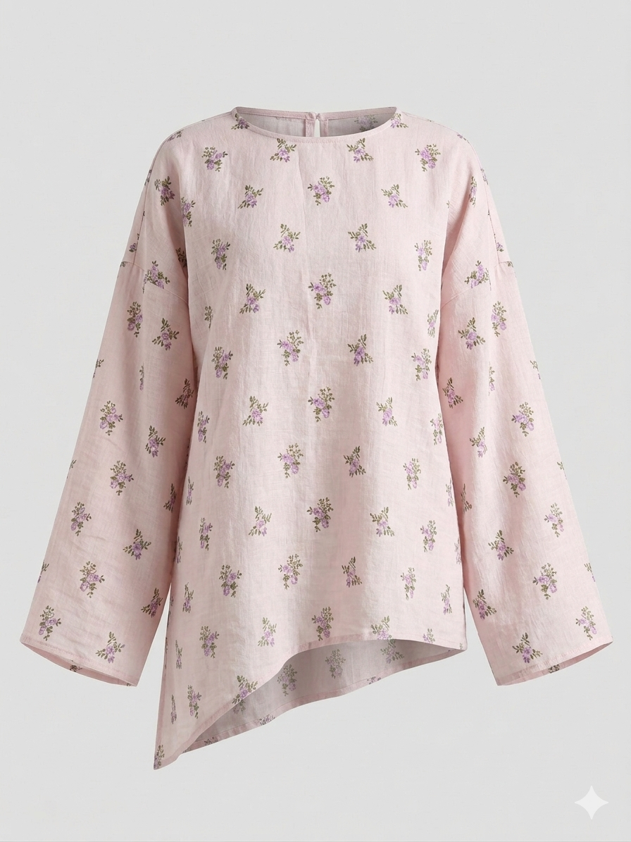 Marshmallow - Printed Tunic Asymmetric Top - Adjustable Drawstring