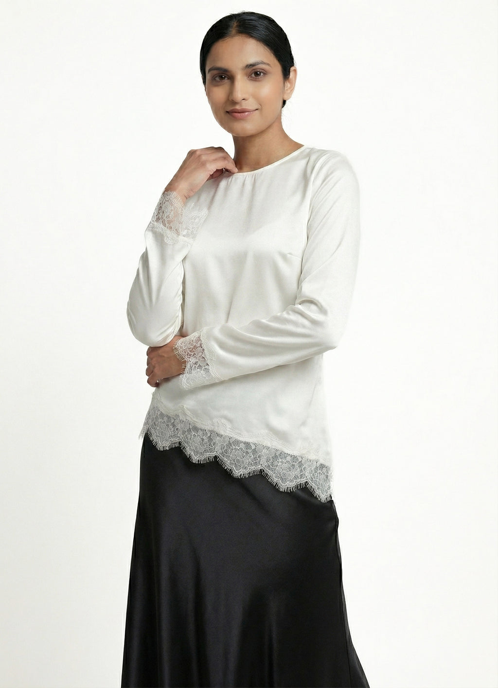Moonlit Satin Asymmetric Lace Top - Adjustable Drawstring
