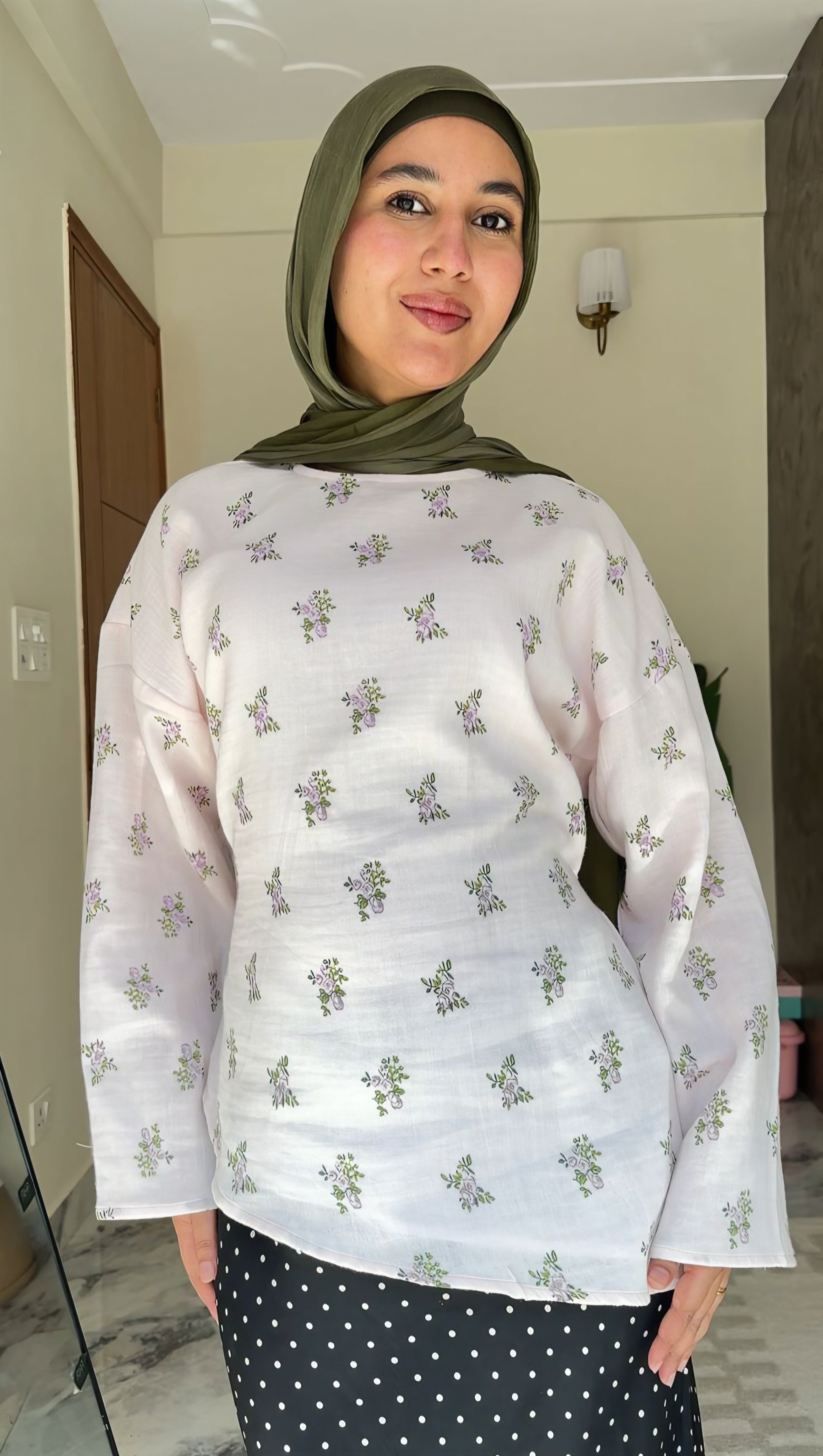 Marshmallow - Printed Tunic Asymmetric Top - Adjustable Drawstring