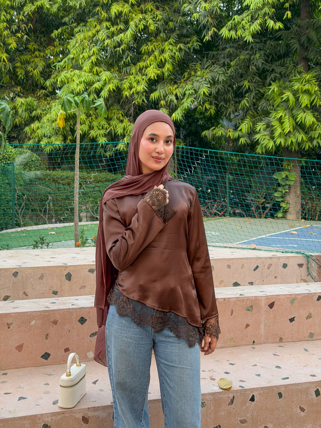 Brown Satin Asymmetric Lace Top - Adjustable Drawstring