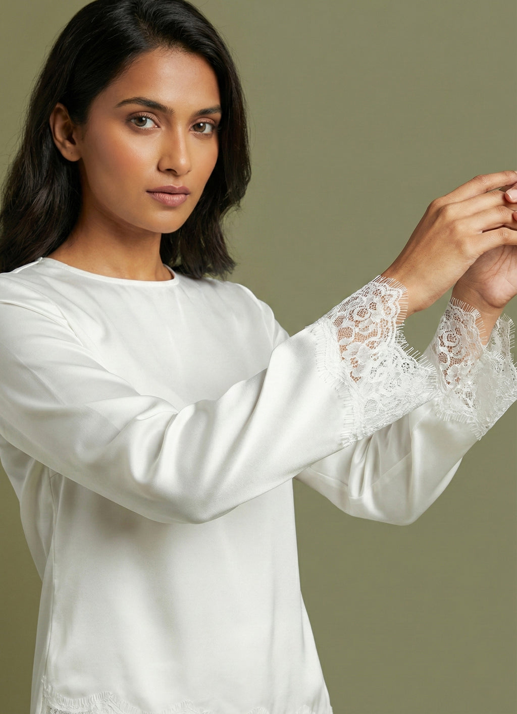 Moonlit Satin Asymmetric Lace Top - Adjustable Drawstring