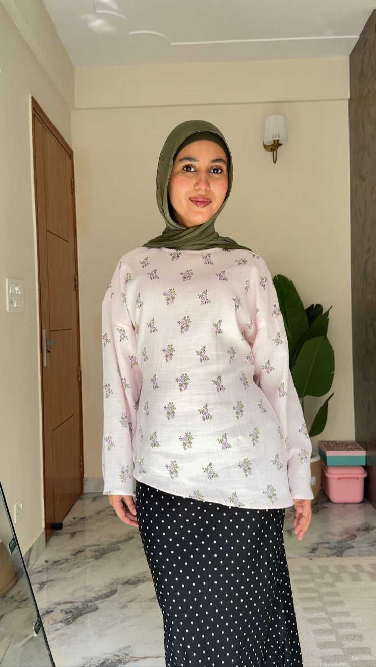 Marshmallow - Printed Tunic Asymmetric Top - Adjustable Drawstring