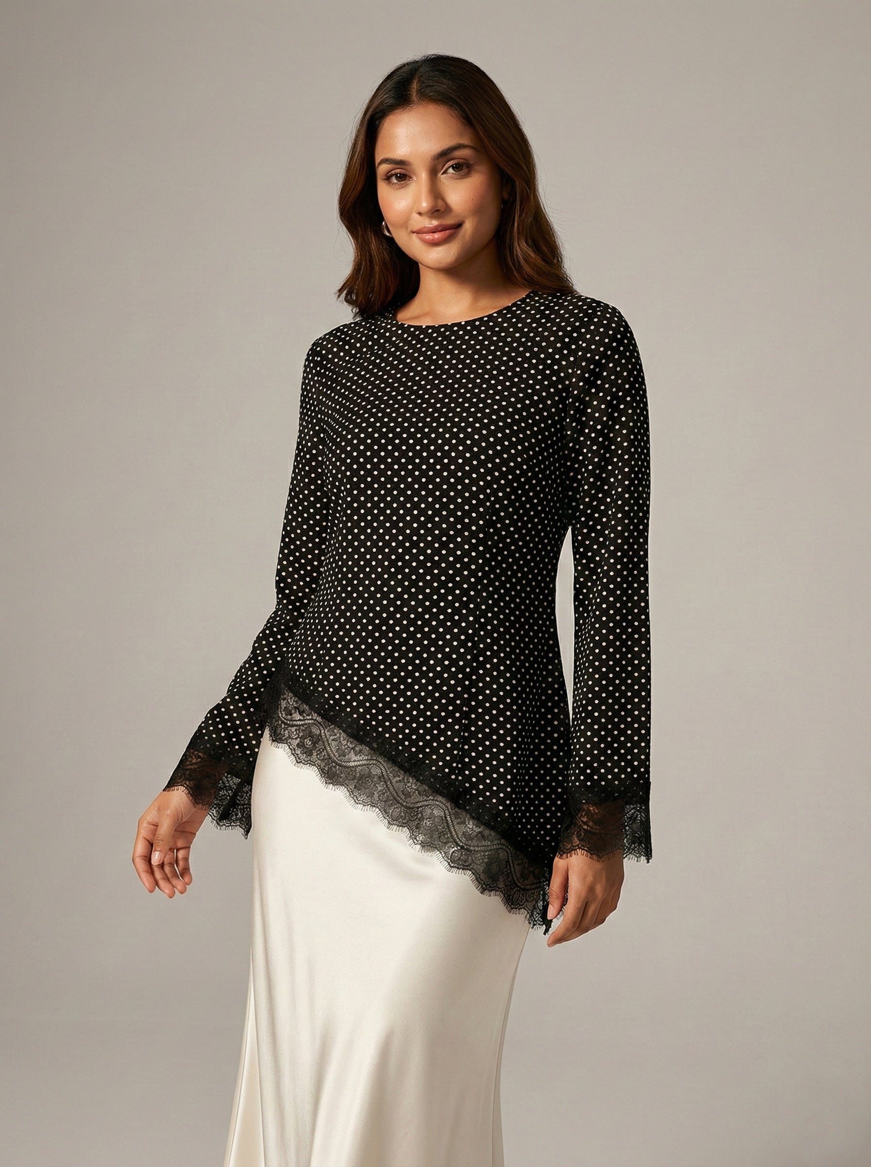 Leena Tunic Lace Top - Polka Asymmetric - Adjustable Drawstring