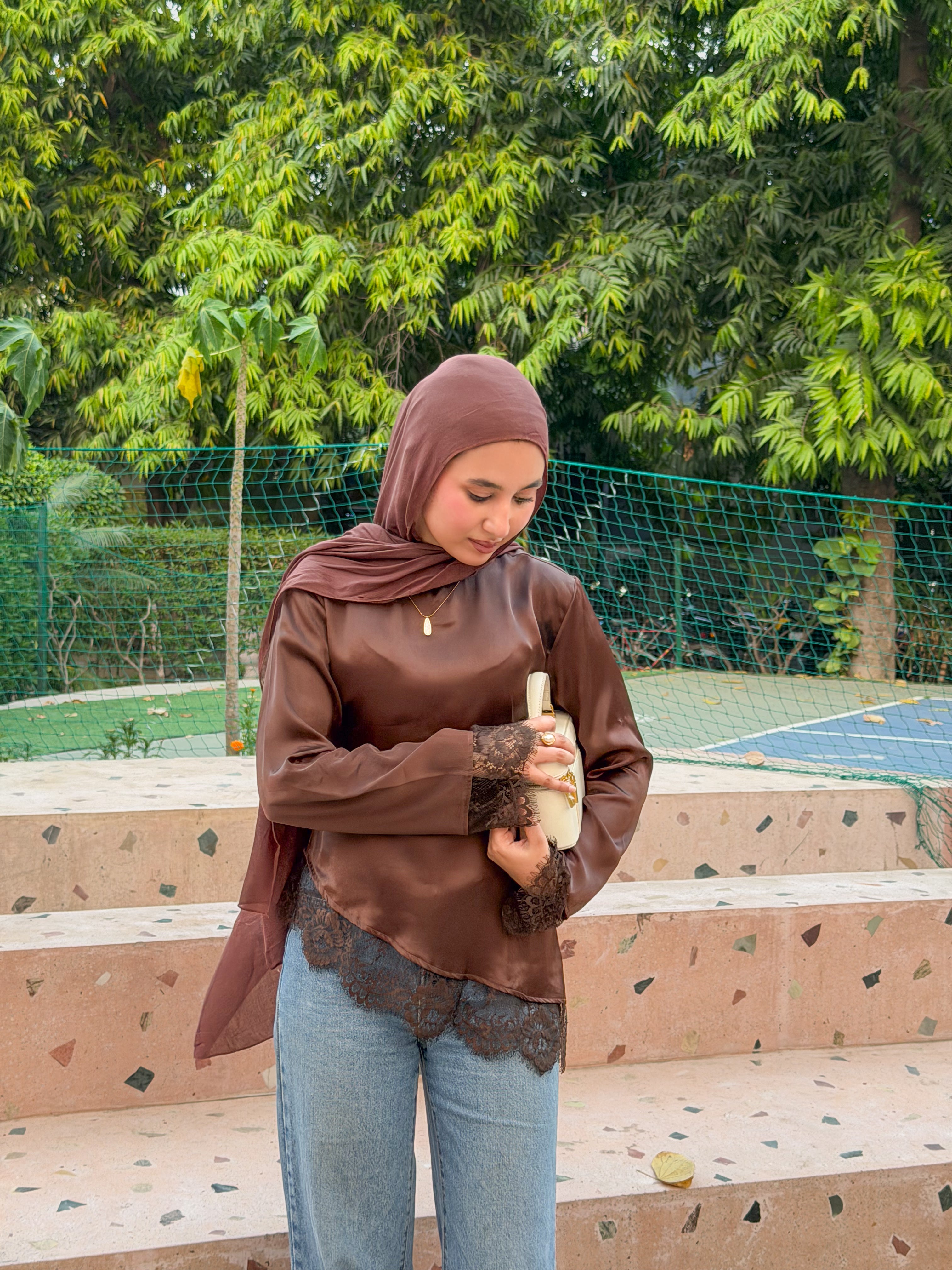 Brown Satin Asymmetric Lace Top - Adjustable Drawstring