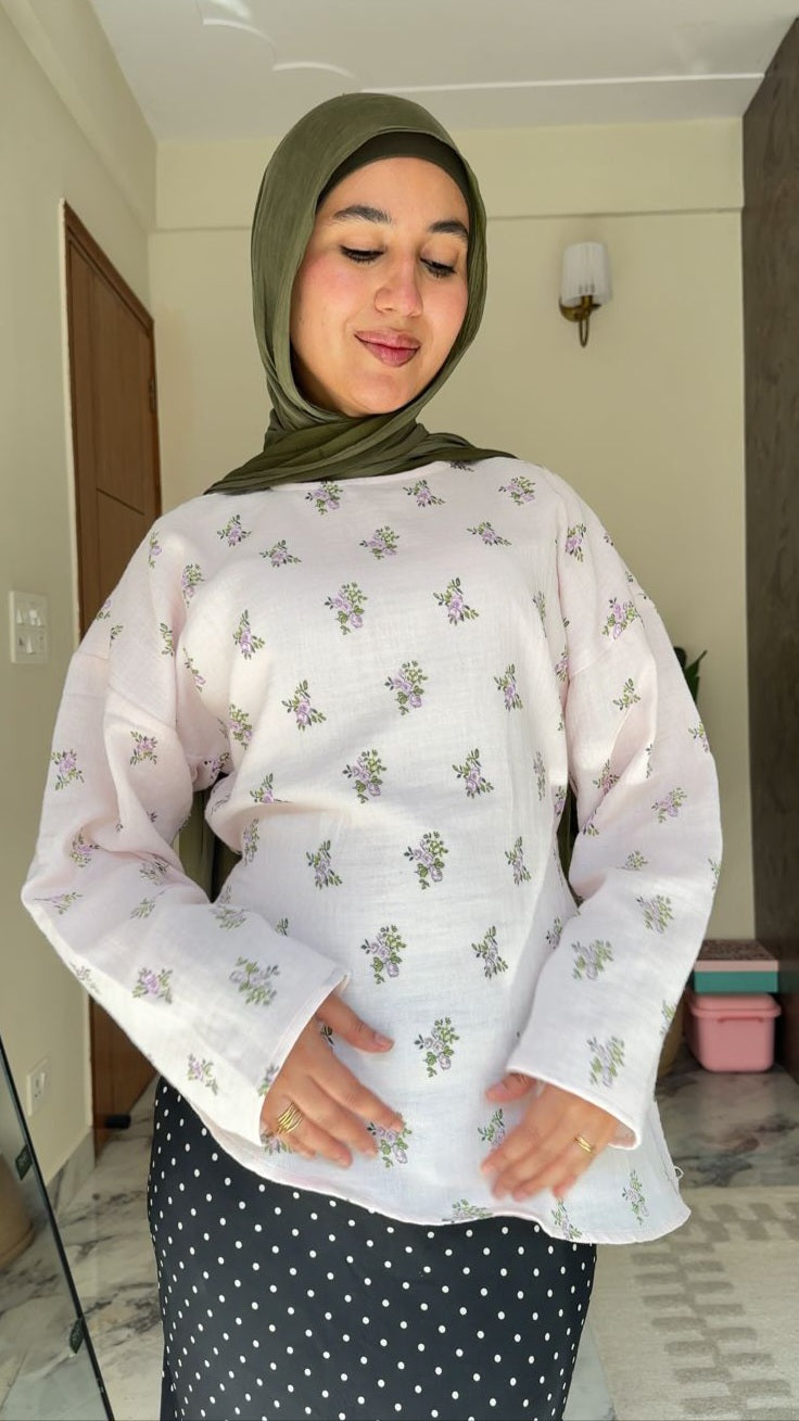 Marshmallow - Printed Tunic Asymmetric Top - Adjustable Drawstring